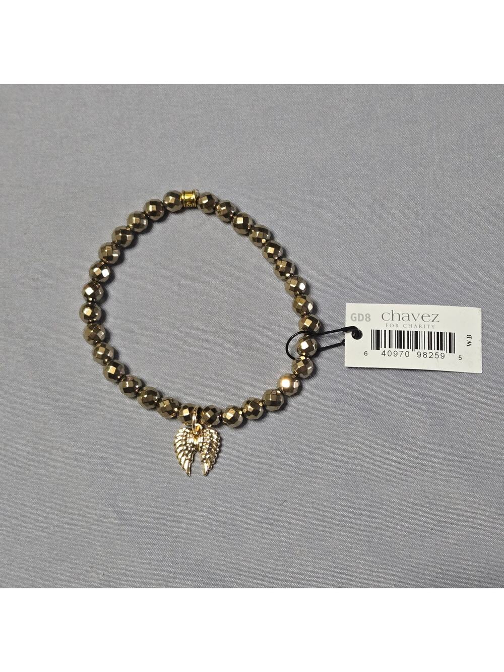 Chavez for Charity Gold Beaded Stretch Bracelet with Angel Wings Charm